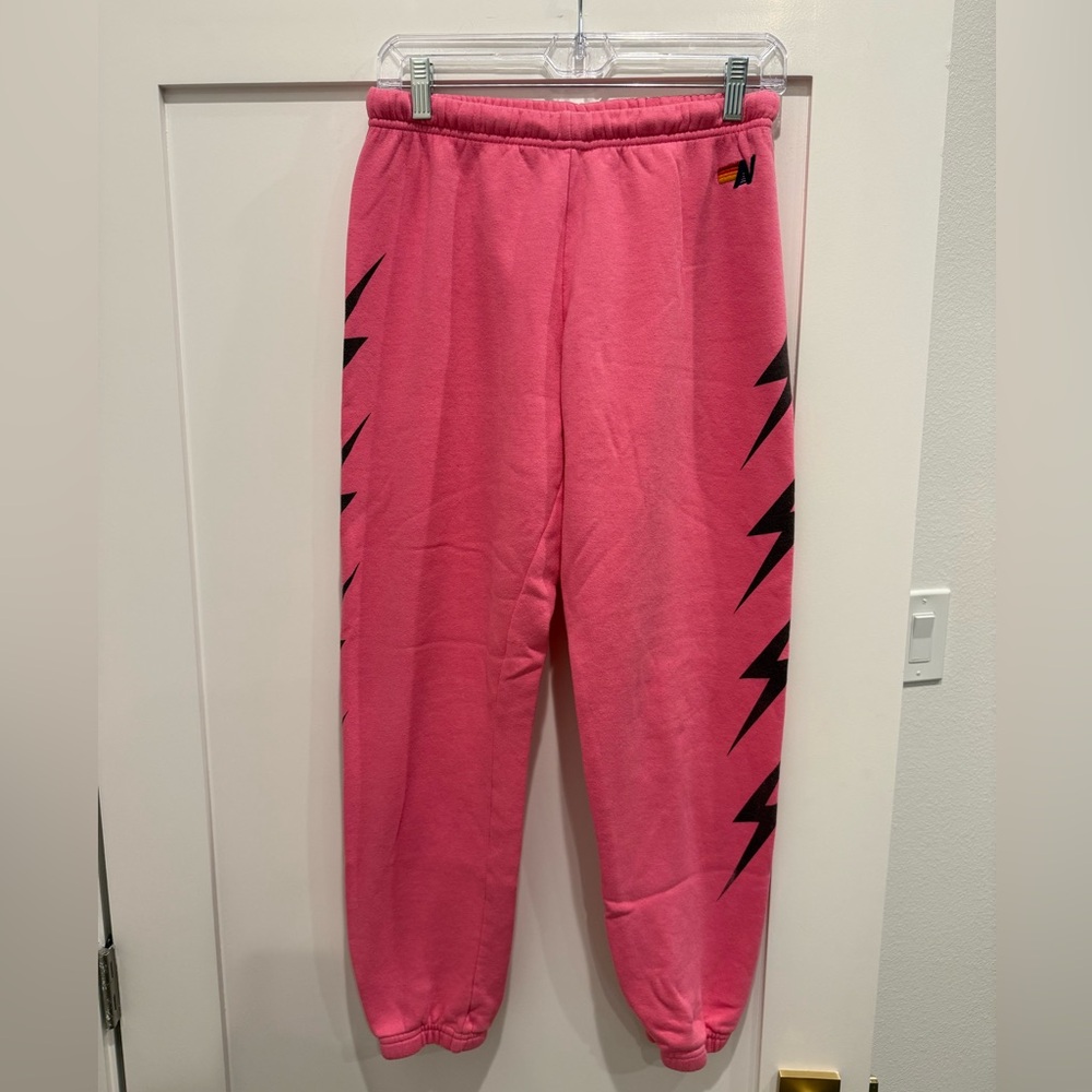 Aviator Nation Pink Joggers with Black Lightning Bolts